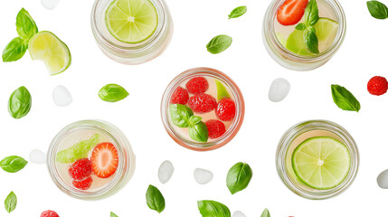 Top view of fruit-infused sparkling water in mason jars, with lime and basil, arranged on white, PNG