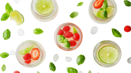 Top view of fruit-infused sparkling water in mason jars, with lime and basil, arranged on white, PNG