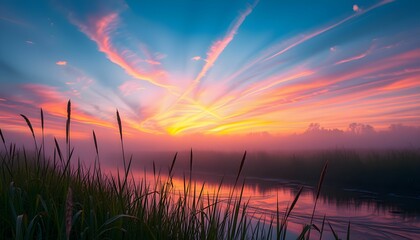 Spectacular Sunrise over Misty River Landscape Vibrant Colors and Serene Atmosphere