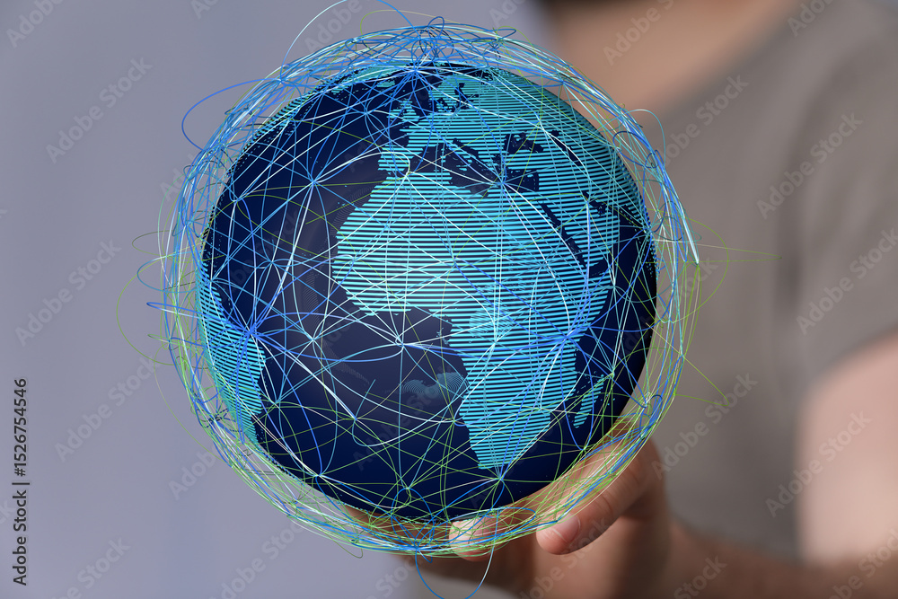 Poster person holding a glowing digital earth, representing global connectivity and networking.