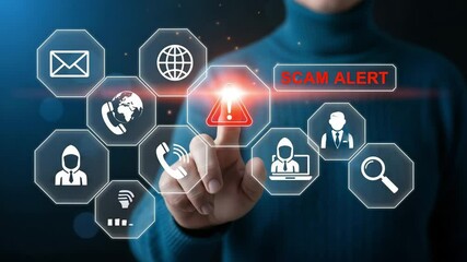 A person touching a digital screen with scam alert, email, and phone icons on a dark blue background - Powered by Adobe