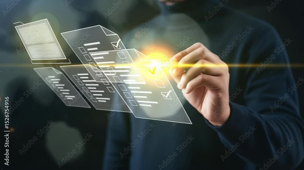 Poster Person completing digital checklist with pen on transparent interface in dark setting