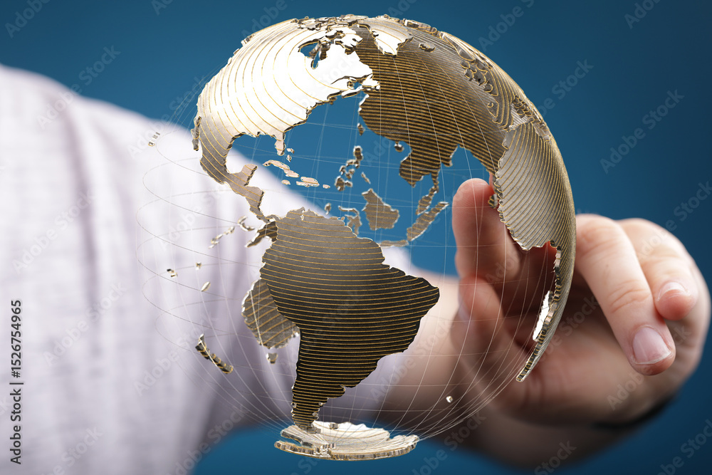 Poster A hand interacts with a transparent 3D model of Earth, symbolizing global connectivity and networking.