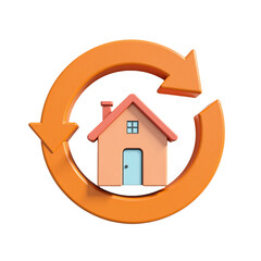 Modern 3D house icon with circular arrows.  Ideal for websites, apps, and marketing materials related to real estate, construction, or home improvement. Perfect for illustrating cyclical processes.