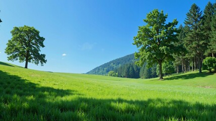 A serene landscape featuring a green field with tall grass, a clear blue sky, and a distant hillside dotted with trees under bright sunlight