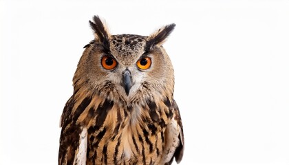 Fototapeta premium Majestic Eurasian Eagle Owl Portrait Stunning Orange Eyes, Brown Feathers