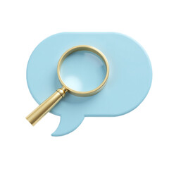 3D render of a gold magnifying glass on a blue speech bubble. Ideal for website design, app interfaces, and marketing materials.  Perfect for concepts of search, communication, and discovery.