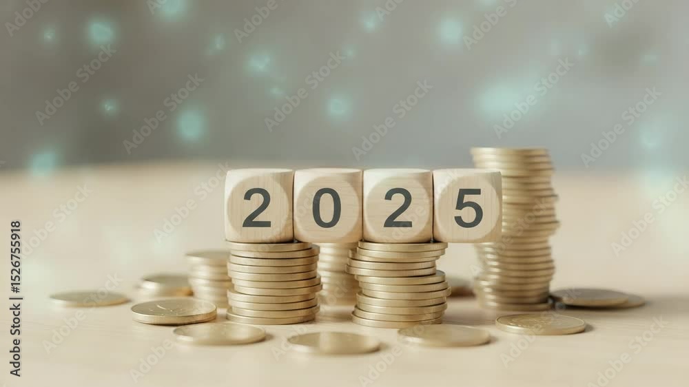 Poster Wooden blocks displaying the year twenty twenty five on stacks of coins on a light surface