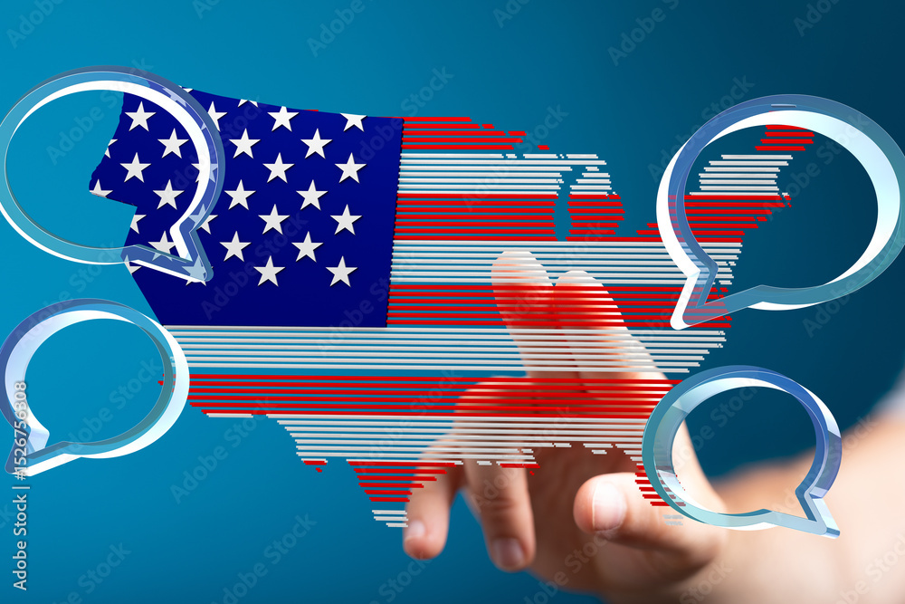 Aufkleber interactive digital map of the usa with speech bubbles, representing communication and connection.