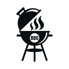 Simple Black and White BBQ Grill Icon with Smoke Emanating from the Grill for Summer Cookouts and Outdoor Events