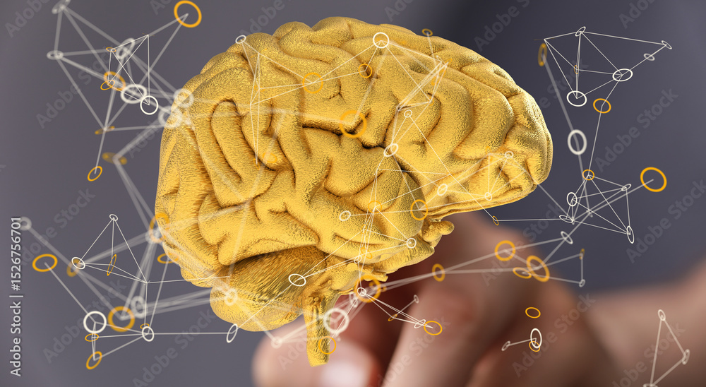 Leinwandbilder Abstract image of a golden brain with interconnected nodes, representing neural networks and cognitive processes.