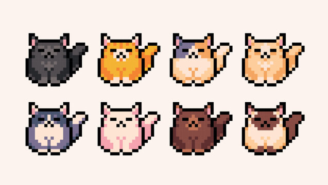 Different colors cats pixel art icon set. Kitty breeds logo collection. 8-bit sprite. Game development, mobile app. Isolated vector illustration.	