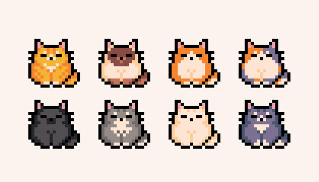 Different colors cats pixel art icon set. Kitty breeds logo collection. 8-bit sprite. Game development, mobile app. Isolated vector illustration.	