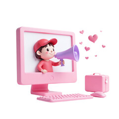 Cute 3D cartoon boy on pink computer announces good news. Perfect for websites, social media, marketing, and advertising. Ideal for kids, technology, and positive messaging.