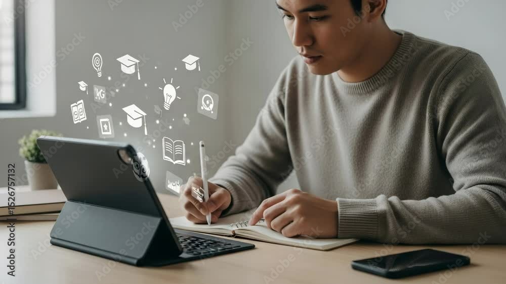 Poster a man studies with a tablet and notebook surrounded by education related digital icons on a desk ind