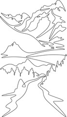 Continuous one line drawing  road leading to beautiful mountains. Mountain highway. Road going up. One continuous line isolated minimal vertical illustration.Not AI.