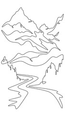 Continuous one line drawing  road leading to beautiful mountains. Mountain highway. Road going up. One continuous line isolated minimal vertical illustration.Not AI.