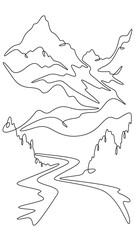 Continuous one line drawing  road leading to beautiful mountains. Mountain highway. Road going up. One continuous line isolated minimal vertical illustration.Not AI.