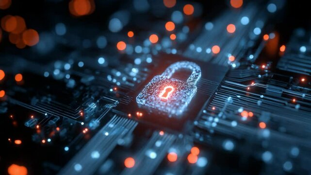 digital neon light lock symbol on screen, online network security and personal data security theme	
