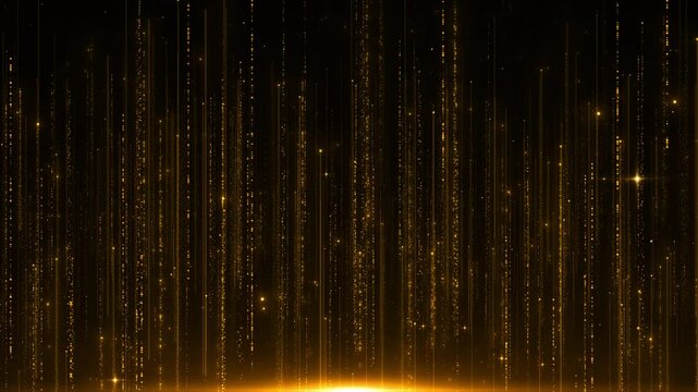 Golden Glitter Light Beams Lines Ascending Glowing Lights Bokeh. video featuring abstract elegant golden glowing lines rising against black background. Events celebrations awards. Light Streaks luxury