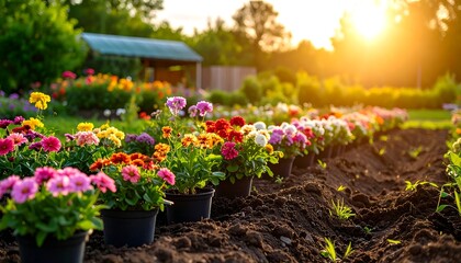 Fototapeta premium Sunset garden flowers planting.