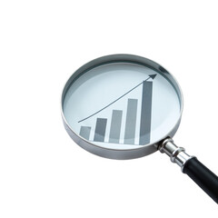 Close-up of a magnifying glass showing an upward trending bar graph.  Illustrates growth, success, and positive financial trends. Ideal for business, finance, and marketing materials.