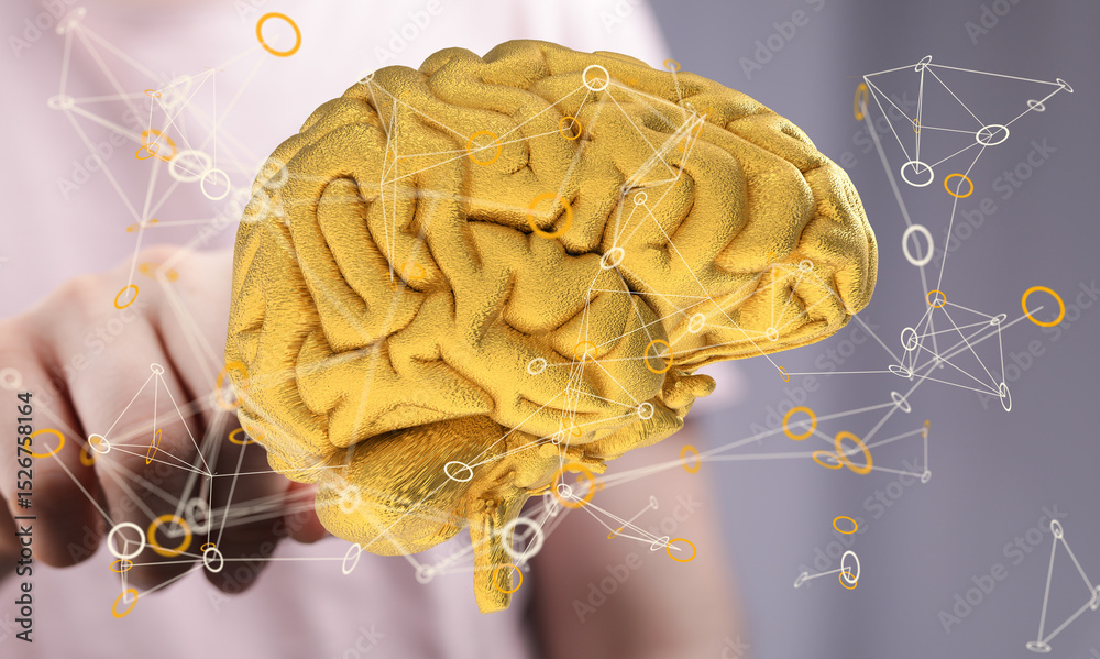 Poster Abstract image of a golden brain with glowing neural network connections.  Represents intelligence, AI, or innovation.