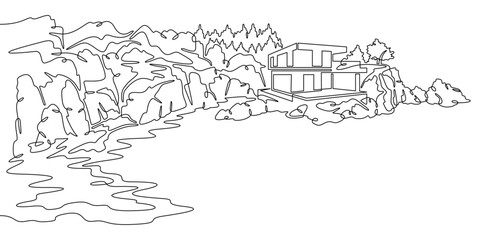 Fototapeta premium Continuous one line drawing Modern house on a cliff.House on the shore.Seascape.Rocky coast.One continuous line isolated minimal illustration.Not AI.