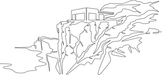 Continuous one line drawing Modern house on a cliff.House on the shore.Seascape.Rocky coast.One continuous line isolated minimal illustration.Not AI.