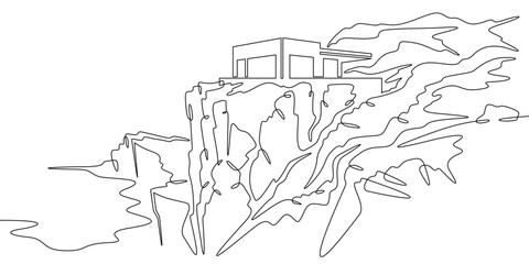 Continuous one line drawing Modern house on a cliff.House on the shore.Seascape.Rocky coast.One continuous line isolated minimal illustration.Not AI.