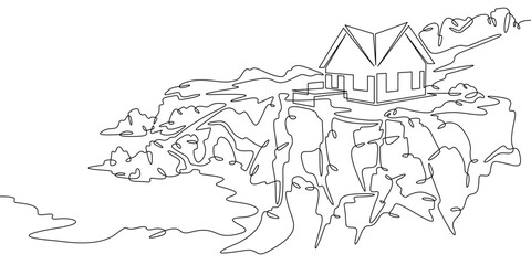 Obraz premium Continuous one line drawing Modern house on a cliff.House on the shore.Seascape.Rocky coast.One continuous line isolated minimal illustration.Not AI.