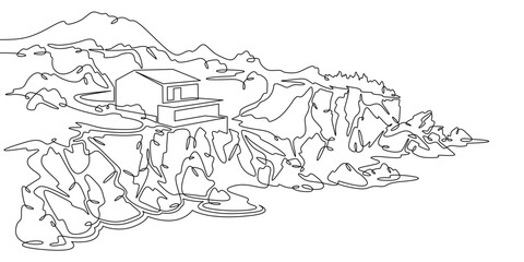Continuous one line drawing Modern house on a cliff.House on the shore.Seascape.Rocky coast.One continuous line isolated minimal illustration.Not AI.