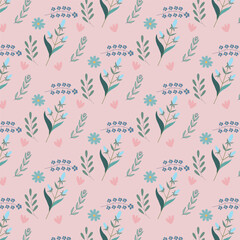 Seamless pattern with meadow flowers on pale pink background field flowers pattern.