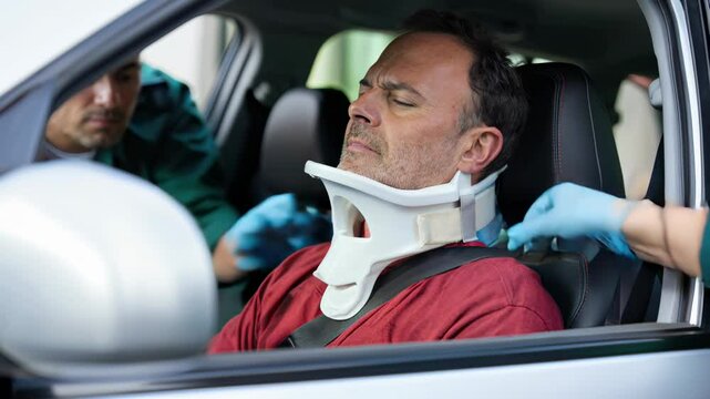 Injured man with a medical neck brace receiving medical attention after traffic incident inside car.