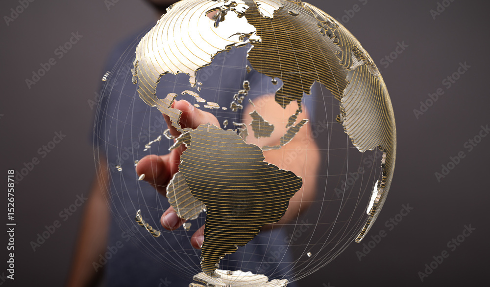 Fototapete abstract image of a hand interacting with a digital globe, representing global connectivity and netw