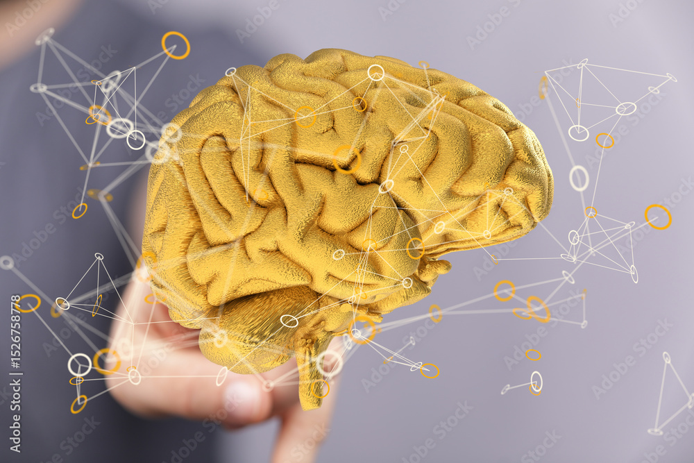 Poster abstract image of a golden brain with network connections. ideal for ai, technology, and neuroscienc