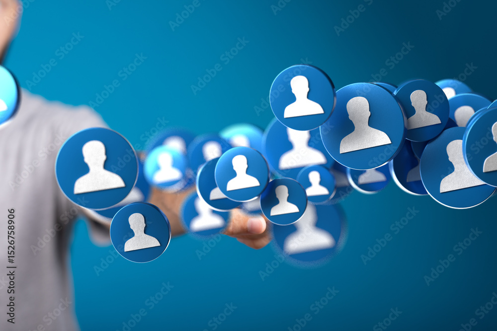 Poster Image of a person connecting with a network of people, symbolizing social media, online communities and networking.
