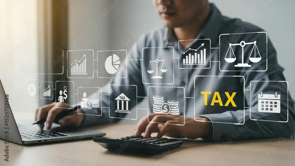 Poster Man calculates taxes on laptop with calculator and graphic icons displayed above the desk surface