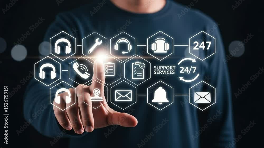 Poster man touching virtual support service icons on a screen with wrench, headphones, and phone symbols