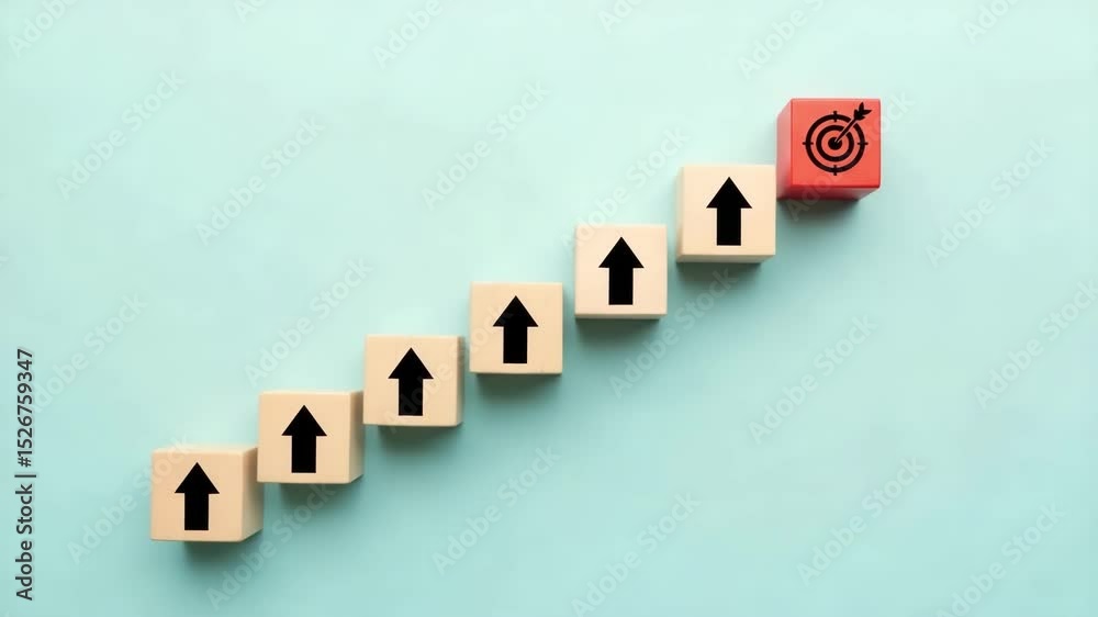 Poster Wooden blocks with arrows pointing up and a target block on a blue background arranged diagonally
