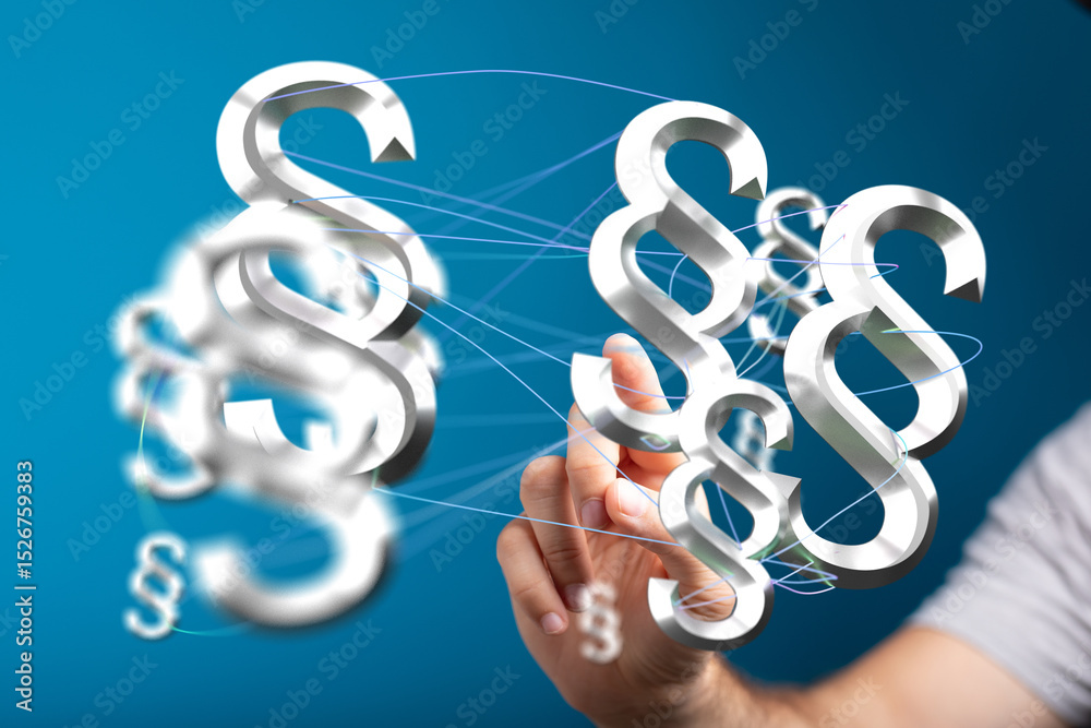 Poster abstract image of interconnected paragraph symbols, representing legal networks and regulations.