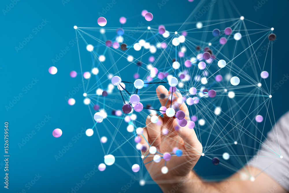 Leinwandbilder Hand interacting with a digital network, representing connection and global communication.