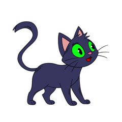 Hand-drawn Halloween cute with green magic eyes black kitty cat. Fantasy and mystical fairytale. Treats or tricks