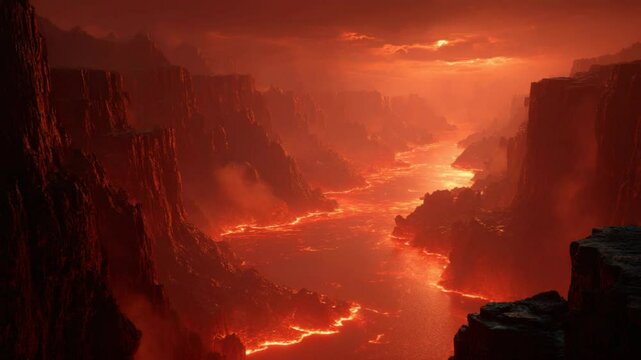 hellish landscape burning lava flow over black mountain range 