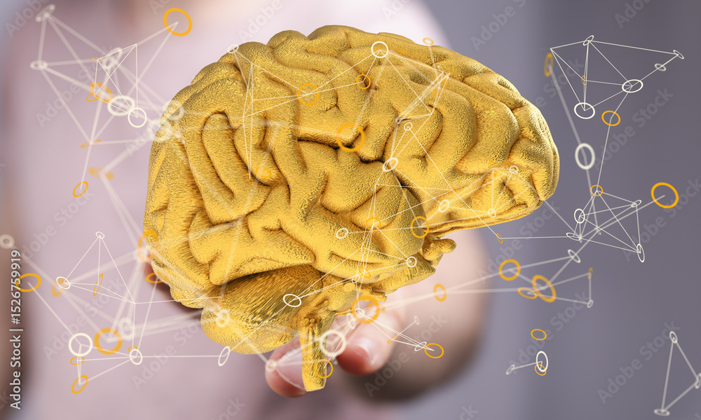Leinwandbilder Abstract image of a golden brain with network connections.  Represents intelligence, AI, or neural networks.
