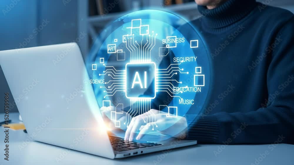 Poster Person typing on laptop with ai graphic overlaying screen showing various applications of ai tech
