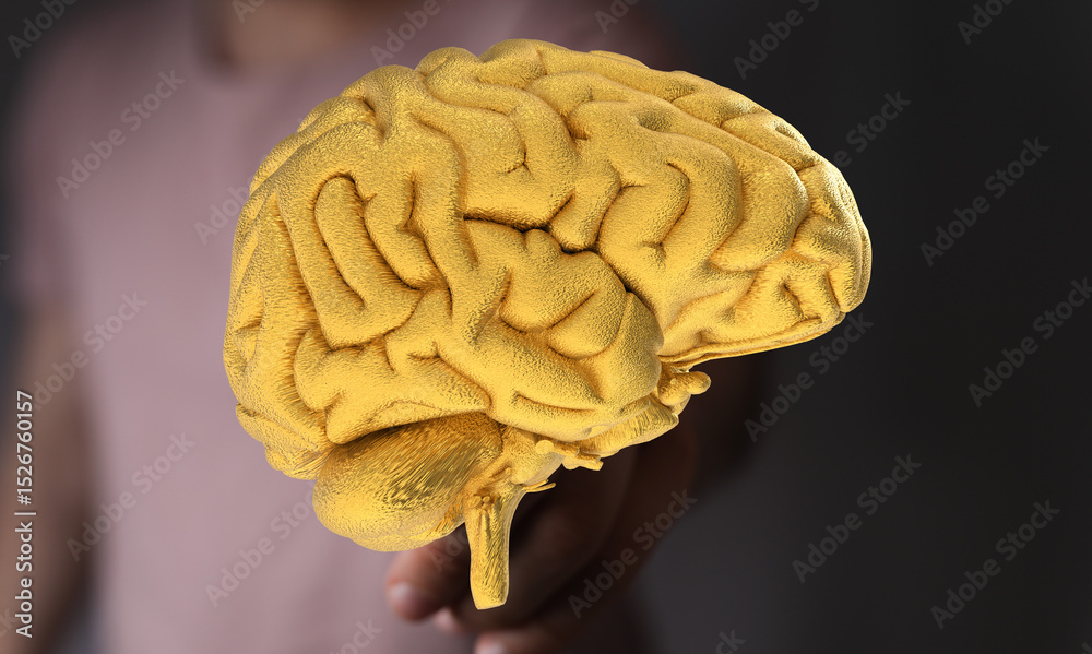 Poster high-quality image of a golden brain,perfect for concepts related to intelligence, neurology, and mi