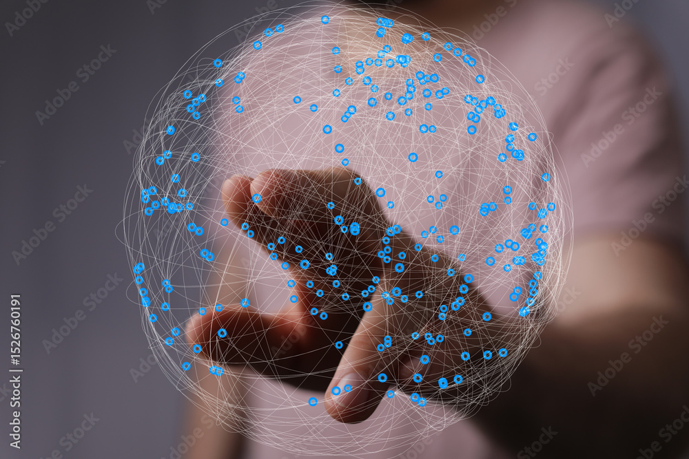 Aufkleber Abstract image of a hand interacting with a digital sphere, representing global network connections and data.