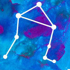 Astrology sign Libra on blue watercolor background Zodiac constellation with shiny star shapes Part of zodiacal system and ancient calendar Hand drawn template for astrology design, cards, horoscopes.