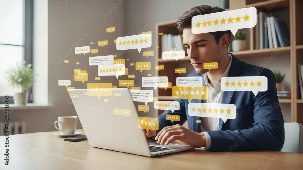 Poster man in suit typing on laptop surrounded by rating speech bubbles in a bright office setting indoors